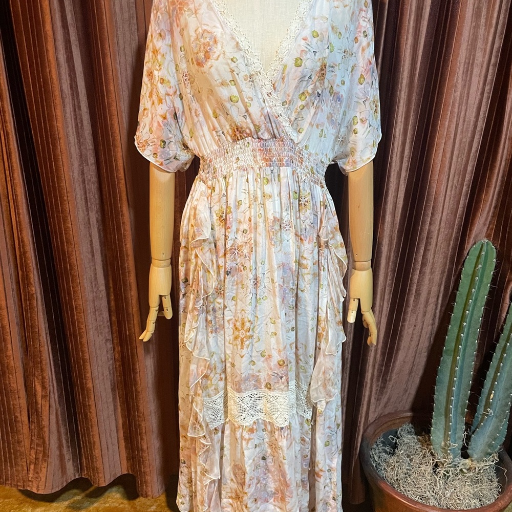 Johnny Was Odeya Pastel Floral Maxi Dress with Lace Detail